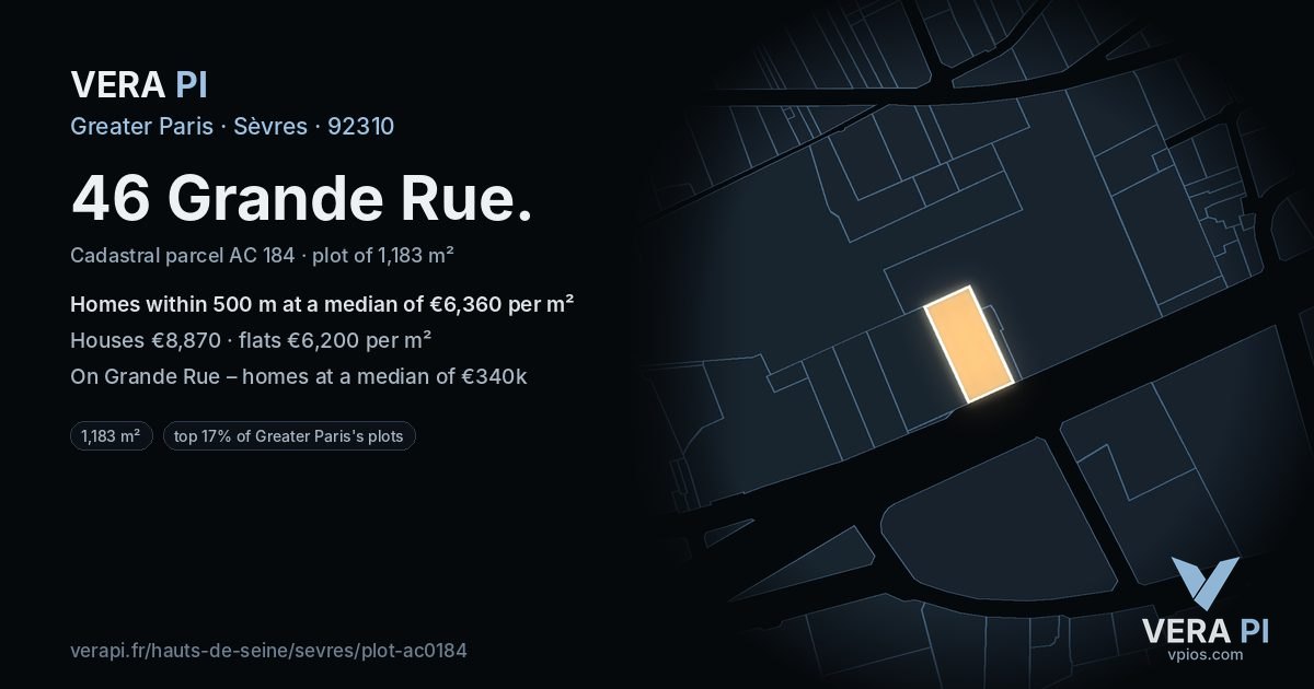 46 Grande Rue, Sèvres at night – the plot lit, the parcels around coloured by the prices near them