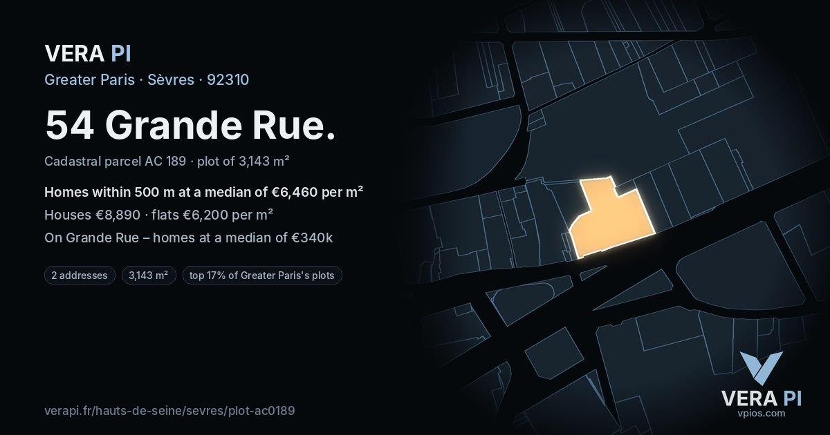 54 Grande Rue, Sèvres at night – the plot lit, the parcels around coloured by the prices near them
