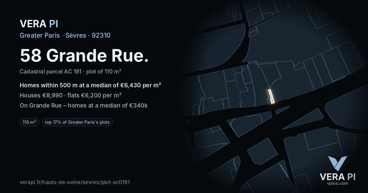 58 Grande Rue, Sèvres at night – the plot lit, the parcels around coloured by the prices near them