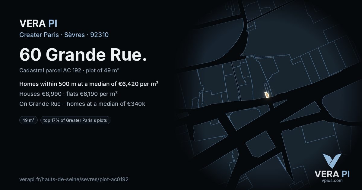 60 Grande Rue, Sèvres at night – the plot lit, the parcels around coloured by the prices near them