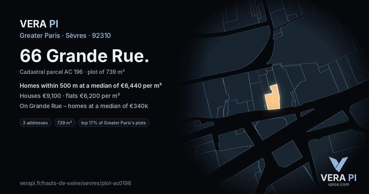 66 Grande Rue, Sèvres at night – the plot lit, the parcels around coloured by the prices near them