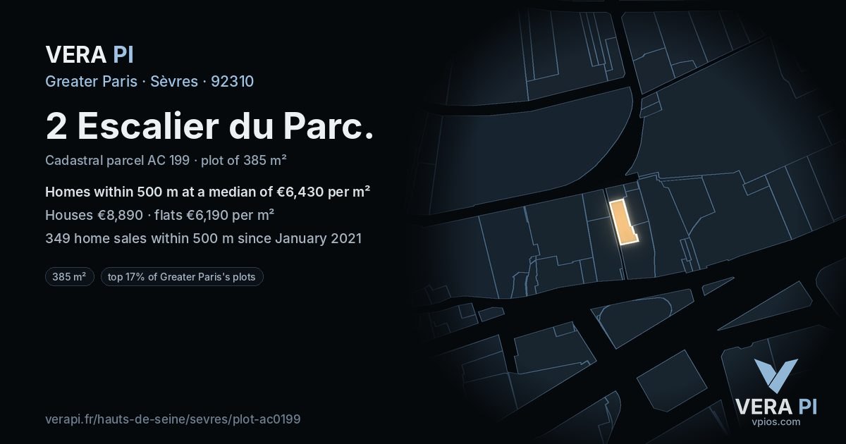 2 Escalier du Parc, Sèvres at night – the plot lit, the parcels around coloured by the prices near them