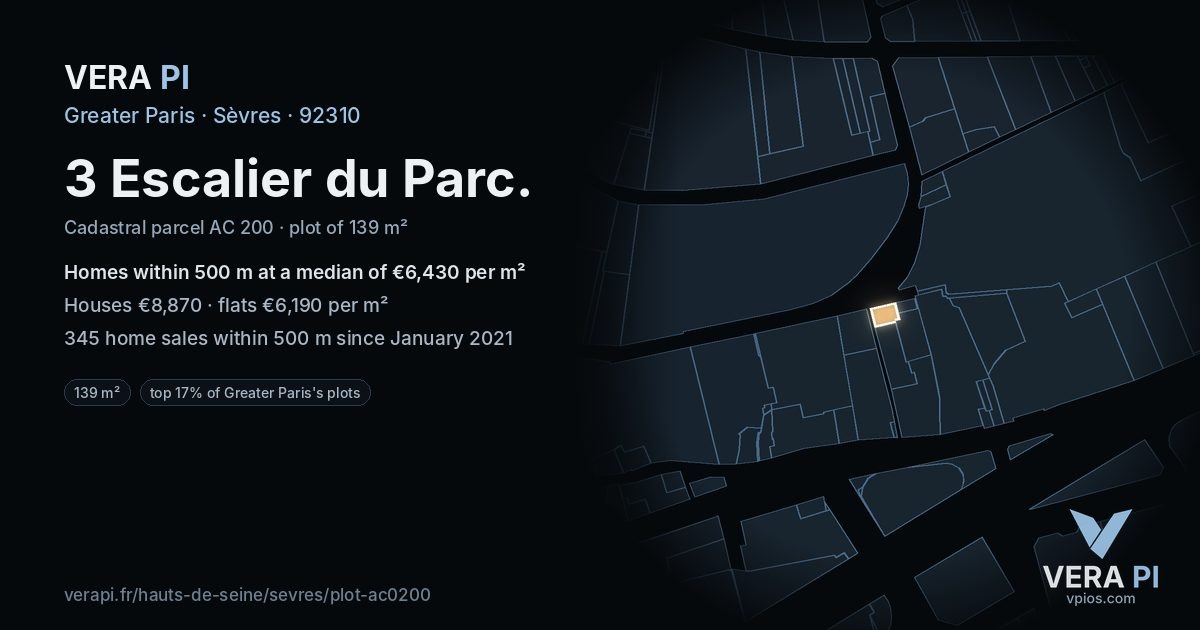 3 Escalier du Parc, Sèvres at night – the plot lit, the parcels around coloured by the prices near them