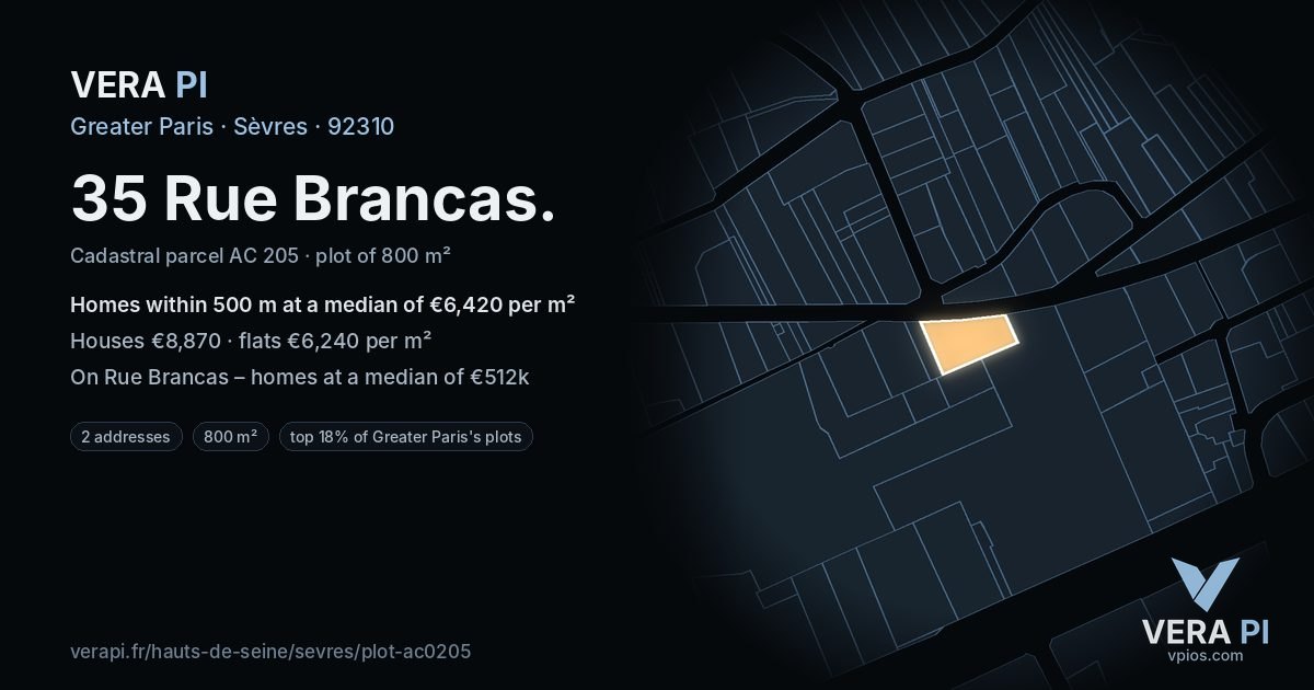 35 Rue Brancas, Sèvres at night – the plot lit, the parcels around coloured by the prices near them