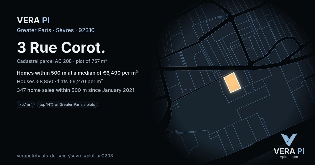 3 Rue Corot, Sèvres at night – the plot lit, the parcels around coloured by the prices near them