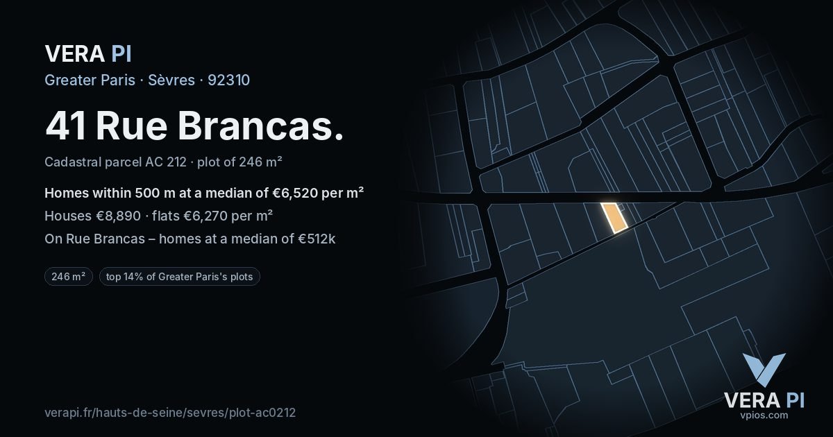 41 Rue Brancas, Sèvres at night – the plot lit, the parcels around coloured by the prices near them