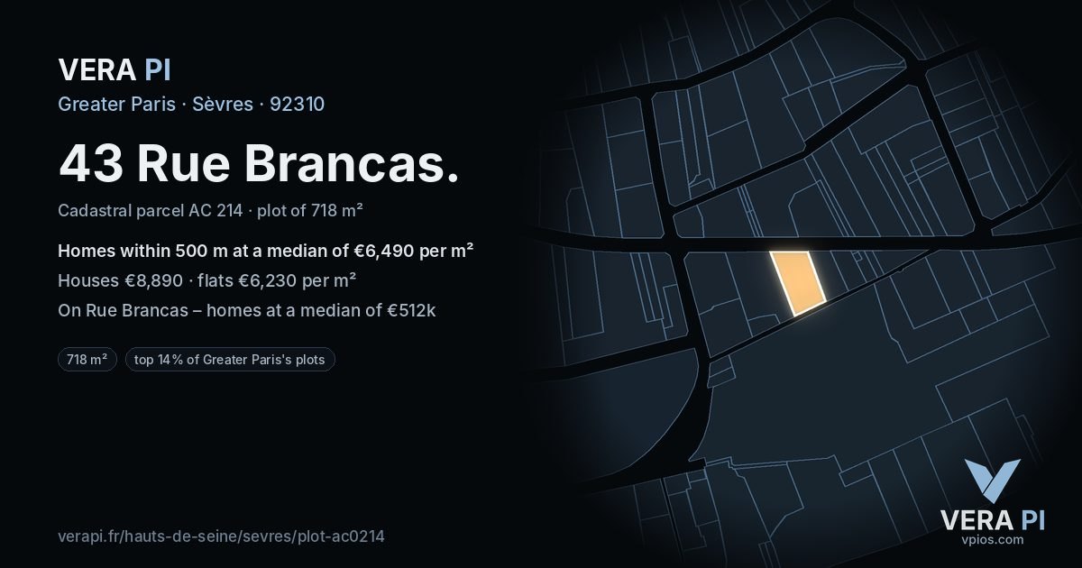 43 Rue Brancas, Sèvres at night – the plot lit, the parcels around coloured by the prices near them