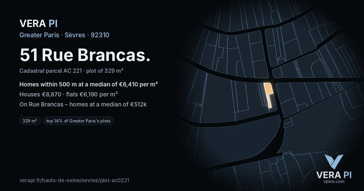 51 Rue Brancas, Sèvres at night – the plot lit, the parcels around coloured by the prices near them
