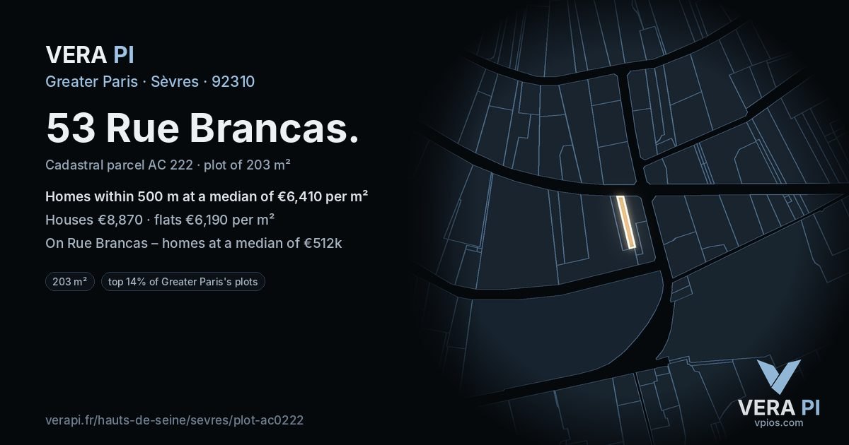 53 Rue Brancas, Sèvres at night – the plot lit, the parcels around coloured by the prices near them
