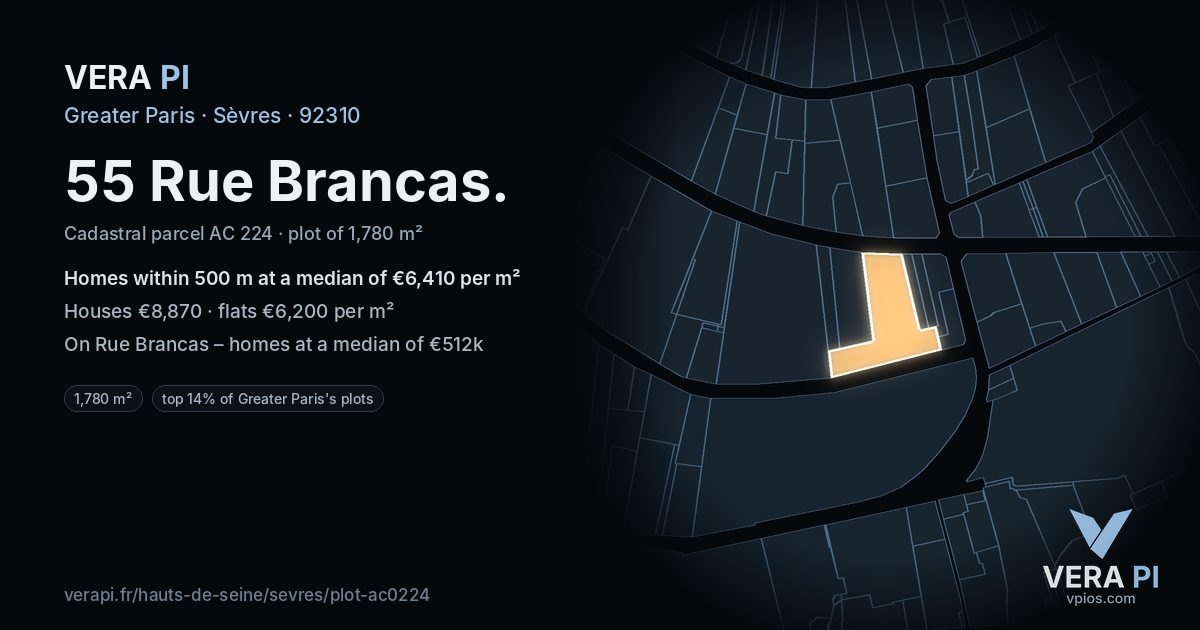 55 Rue Brancas, Sèvres at night – the plot lit, the parcels around coloured by the prices near them