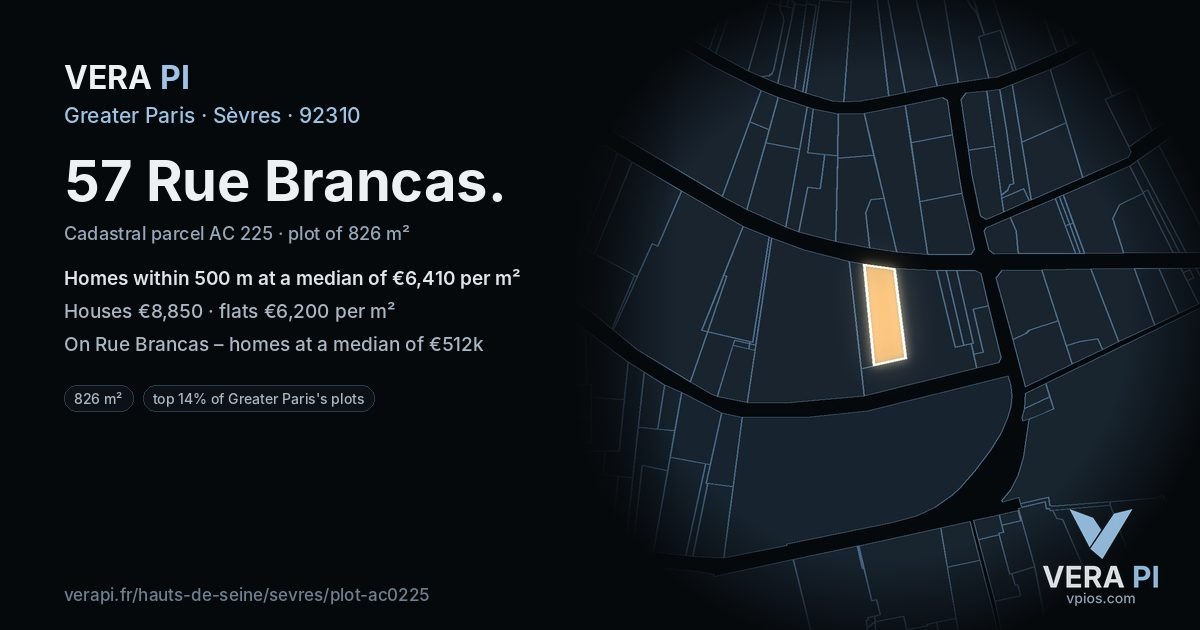57 Rue Brancas, Sèvres at night – the plot lit, the parcels around coloured by the prices near them