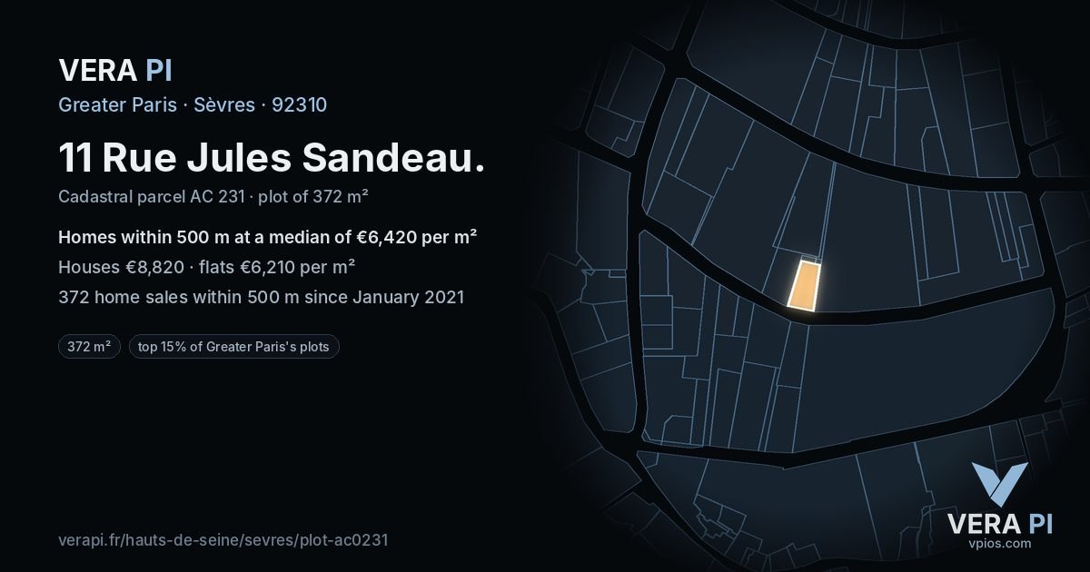 11 Rue Jules Sandeau, Sèvres at night – the plot lit, the parcels around coloured by the prices near them