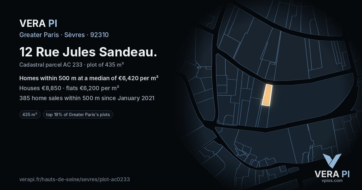 12 Rue Jules Sandeau, Sèvres at night – the plot lit, the parcels around coloured by the prices near them