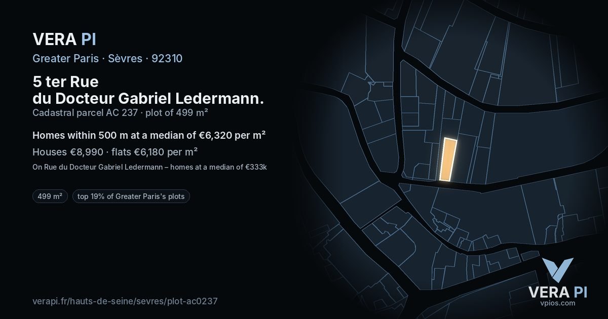 5 ter Rue du Docteur Gabriel Ledermann, Sèvres at night – the plot lit, the parcels around coloured by the prices near them