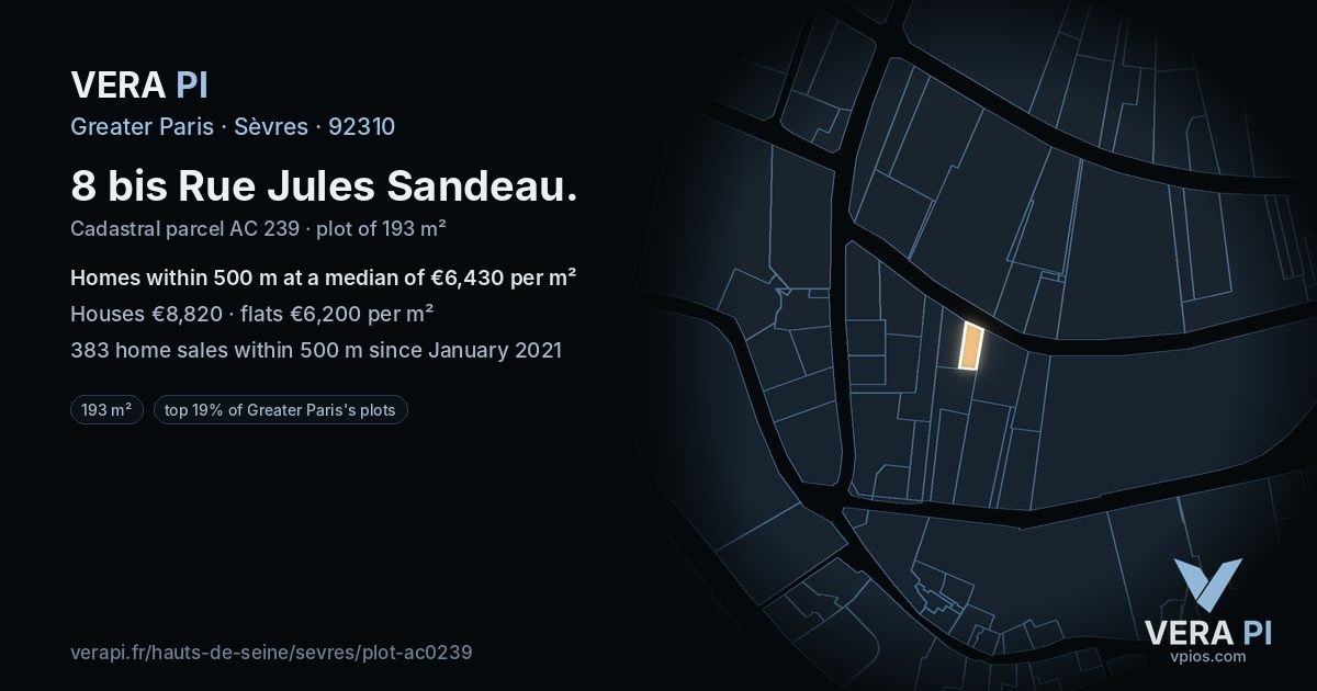 8 bis Rue Jules Sandeau, Sèvres at night – the plot lit, the parcels around coloured by the prices near them