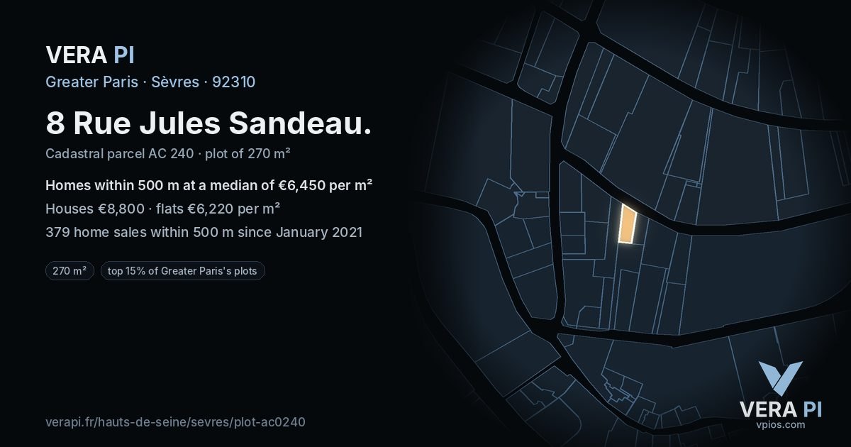 8 Rue Jules Sandeau, Sèvres at night – the plot lit, the parcels around coloured by the prices near them