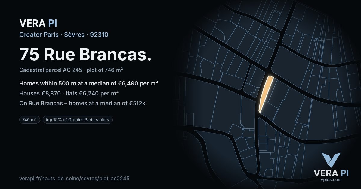 75 Rue Brancas, Sèvres at night – the plot lit, the parcels around coloured by the prices near them