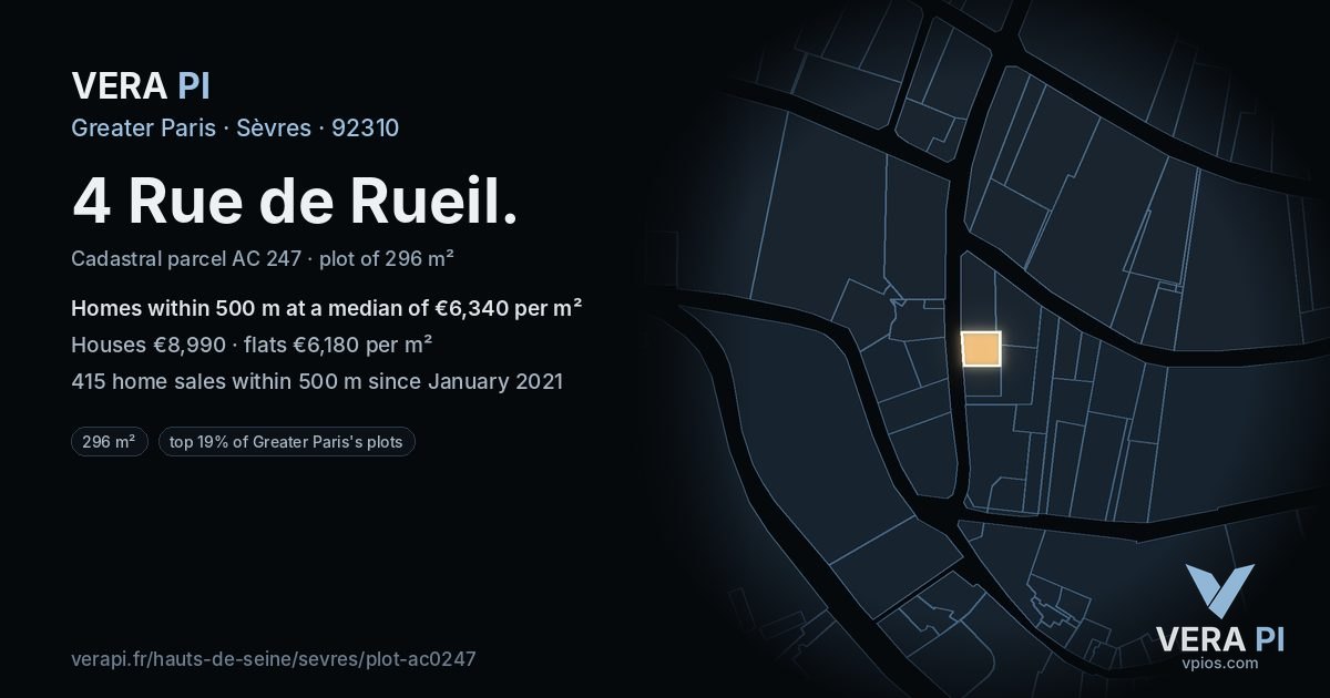 4 Rue de Rueil, Sèvres at night – the plot lit, the parcels around coloured by the prices near them