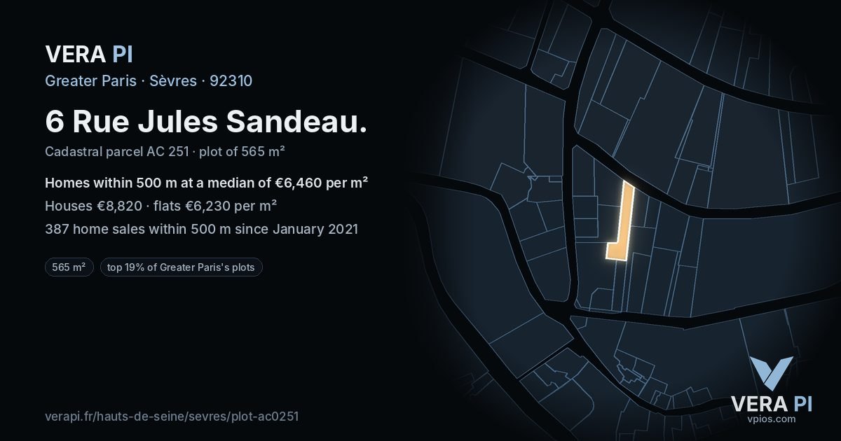 6 Rue Jules Sandeau, Sèvres at night – the plot lit, the parcels around coloured by the prices near them