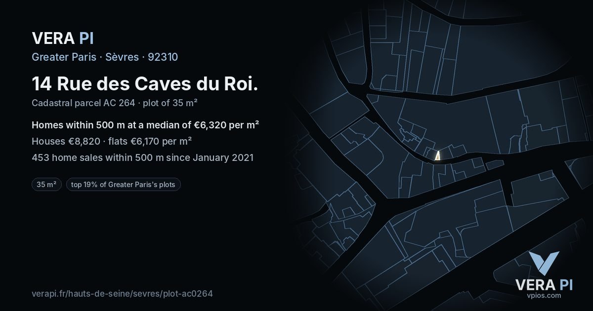 14 Rue des Caves du Roi, Sèvres at night – the plot lit, the parcels around coloured by the prices near them