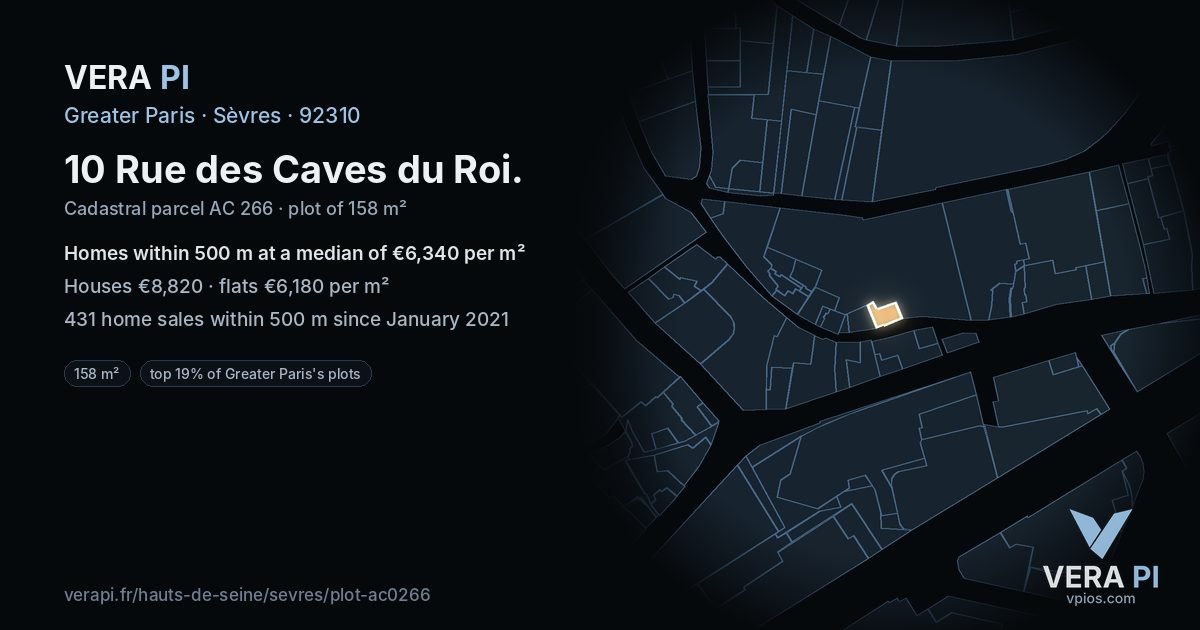 10 Rue des Caves du Roi, Sèvres at night – the plot lit, the parcels around coloured by the prices near them