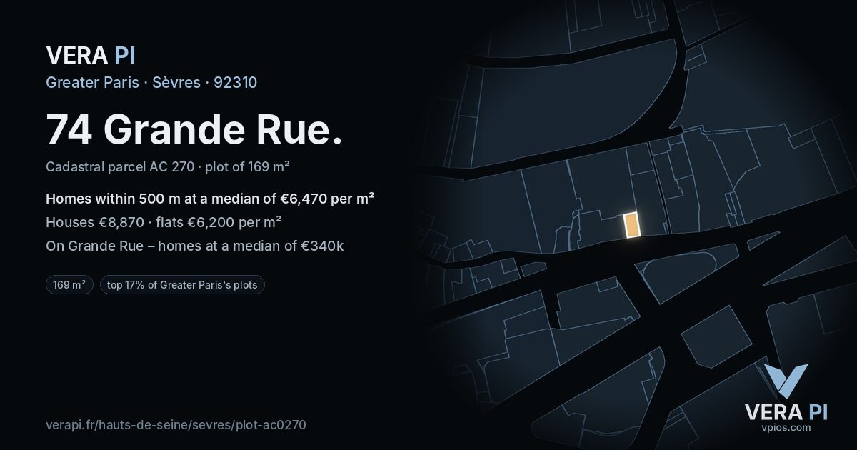 74 Grande Rue, Sèvres at night – the plot lit, the parcels around coloured by the prices near them