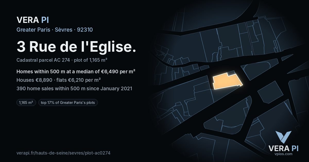 3 Rue de l'Eglise, Sèvres at night – the plot lit, the parcels around coloured by the prices near them