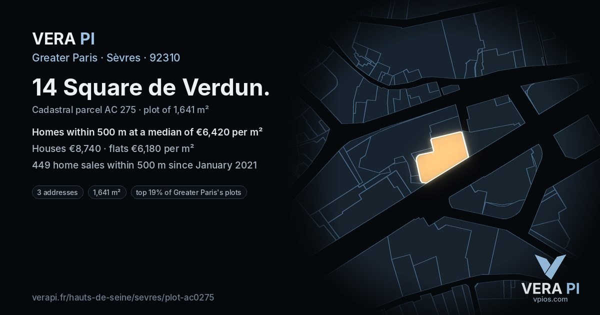 14 Square de Verdun, Sèvres at night – the plot lit, the parcels around coloured by the prices near them