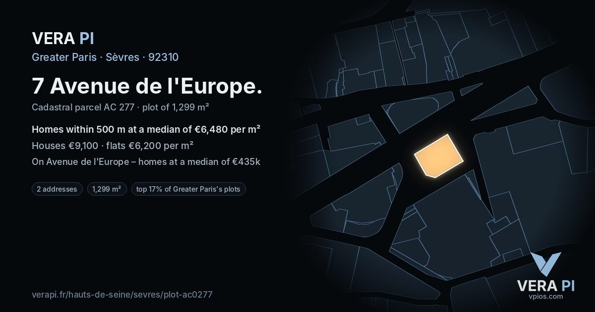 7 Avenue de l'Europe, Sèvres at night – the plot lit, the parcels around coloured by the prices near them