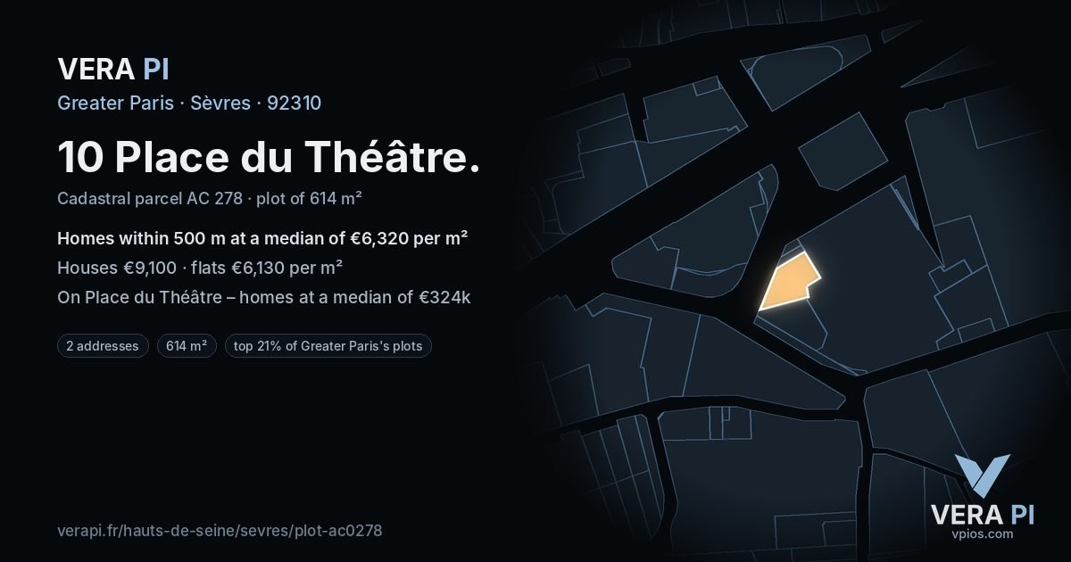 10 Place du Théâtre, Sèvres at night – the plot lit, the parcels around coloured by the prices near them