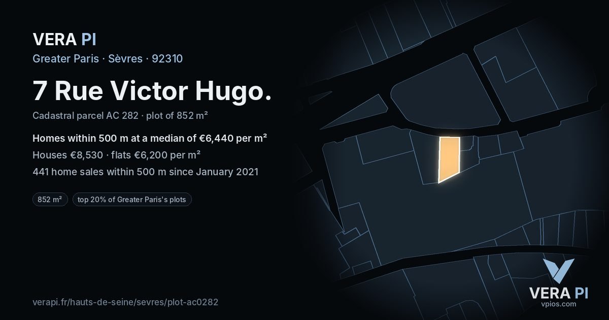 7 Rue Victor Hugo, Sèvres at night – the plot lit, the parcels around coloured by the prices near them