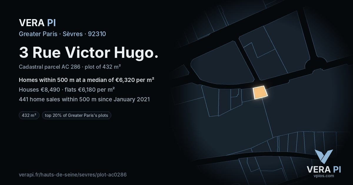 3 Rue Victor Hugo, Sèvres at night – the plot lit, the parcels around coloured by the prices near them