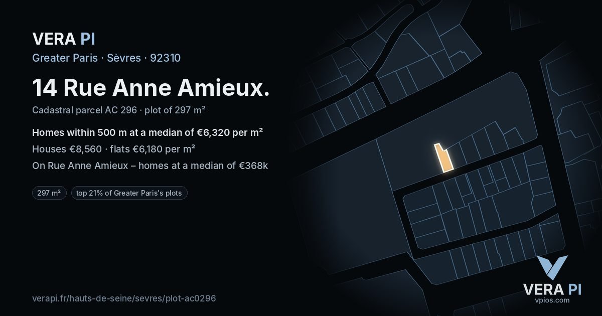14 Rue Anne Amieux, Sèvres at night – the plot lit, the parcels around coloured by the prices near them