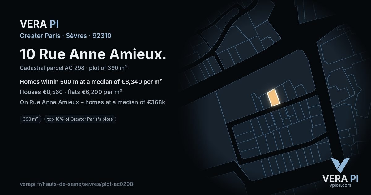 10 Rue Anne Amieux, Sèvres at night – the plot lit, the parcels around coloured by the prices near them