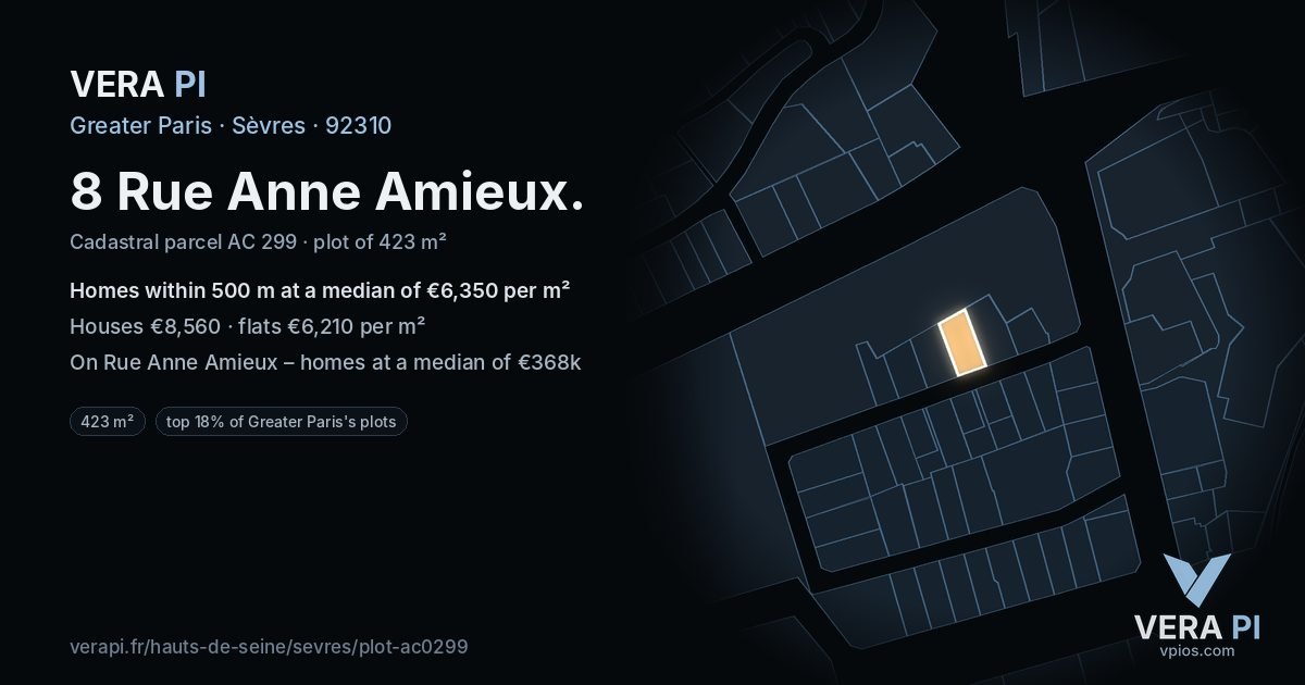 8 Rue Anne Amieux, Sèvres at night – the plot lit, the parcels around coloured by the prices near them