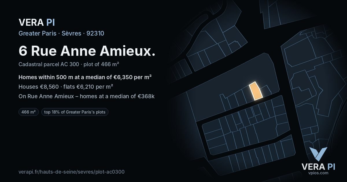 6 Rue Anne Amieux, Sèvres at night – the plot lit, the parcels around coloured by the prices near them