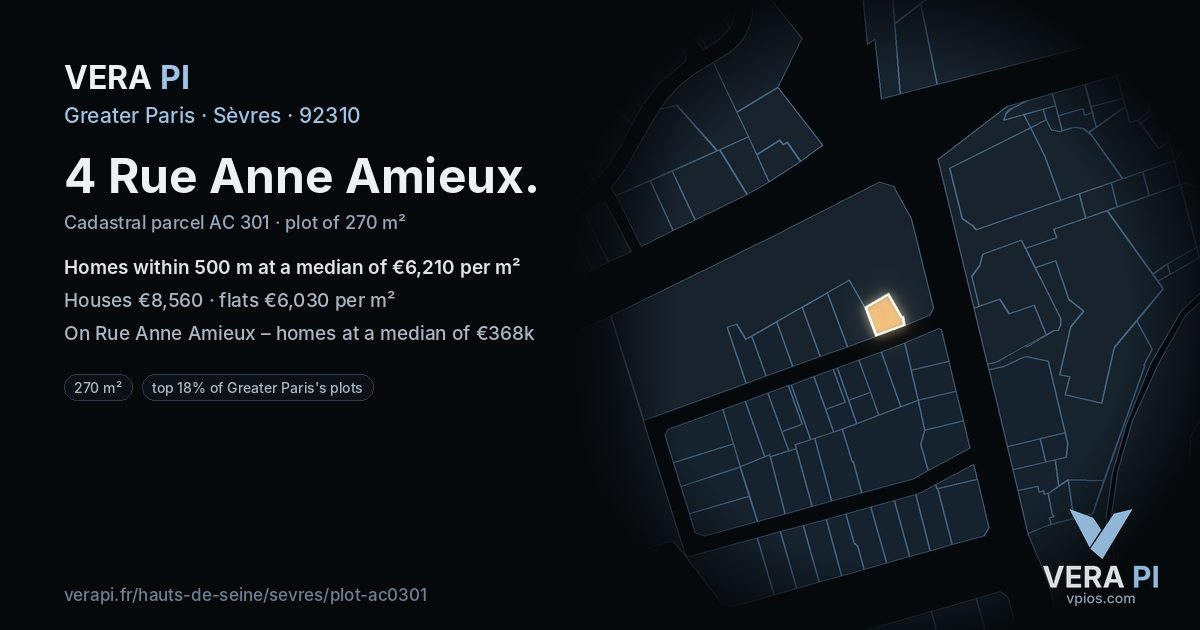 4 Rue Anne Amieux, Sèvres at night – the plot lit, the parcels around coloured by the prices near them