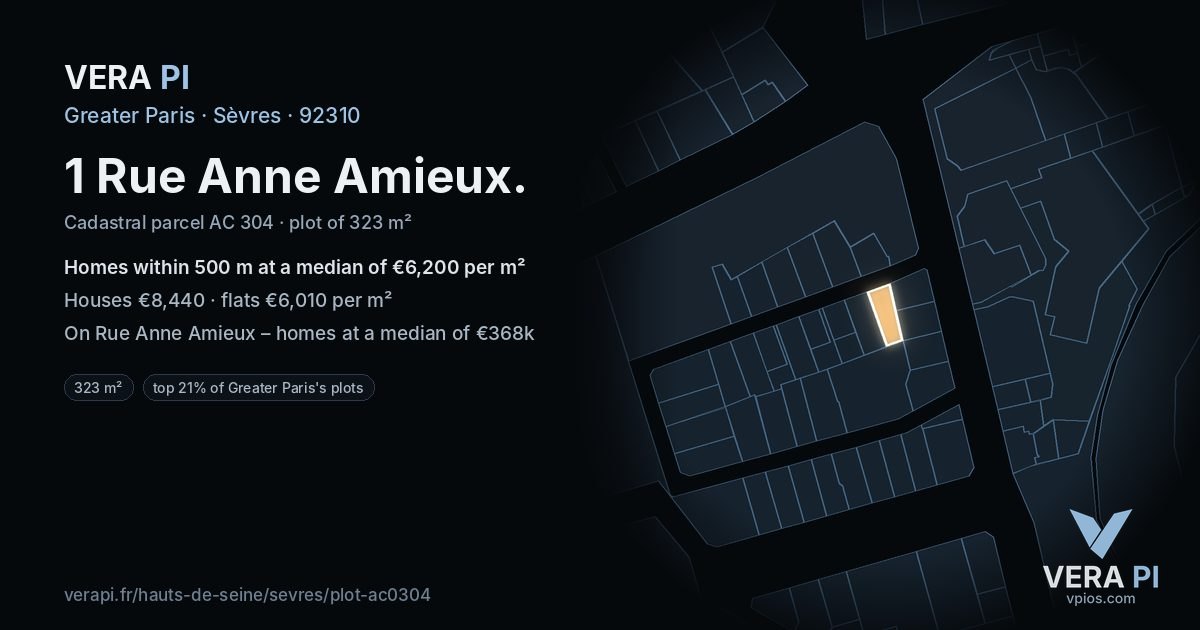 1 Rue Anne Amieux, Sèvres at night – the plot lit, the parcels around coloured by the prices near them