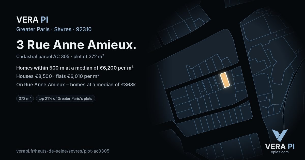 3 Rue Anne Amieux, Sèvres at night – the plot lit, the parcels around coloured by the prices near them