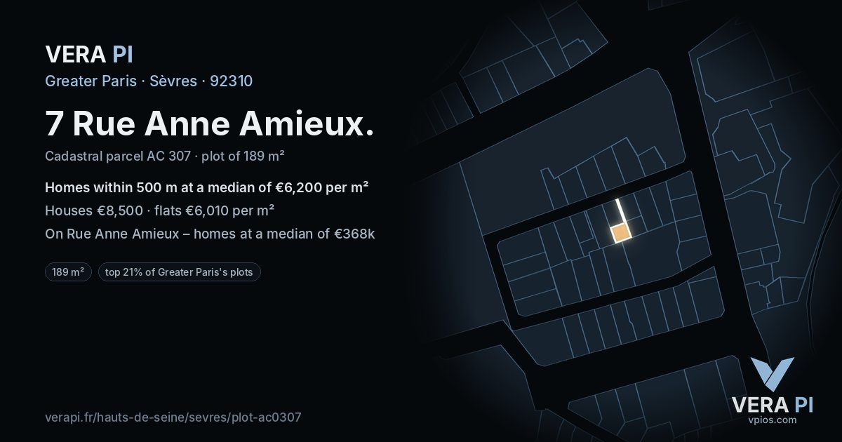 7 Rue Anne Amieux, Sèvres at night – the plot lit, the parcels around coloured by the prices near them