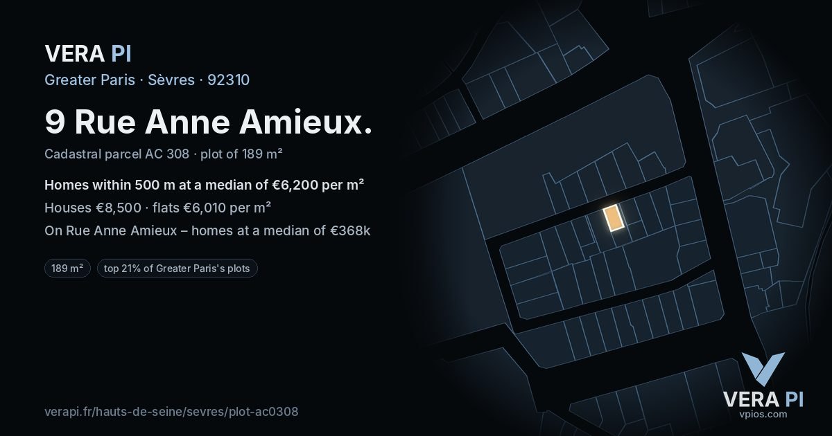 9 Rue Anne Amieux, Sèvres at night – the plot lit, the parcels around coloured by the prices near them
