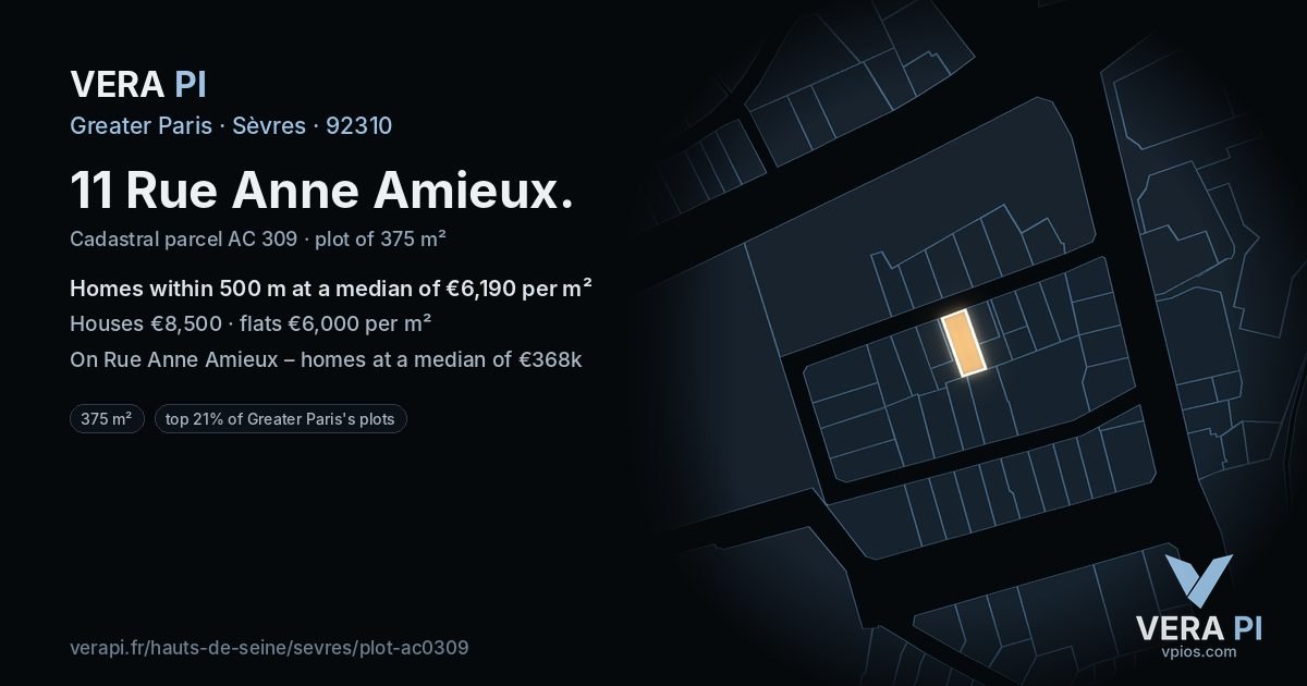 11 Rue Anne Amieux, Sèvres at night – the plot lit, the parcels around coloured by the prices near them