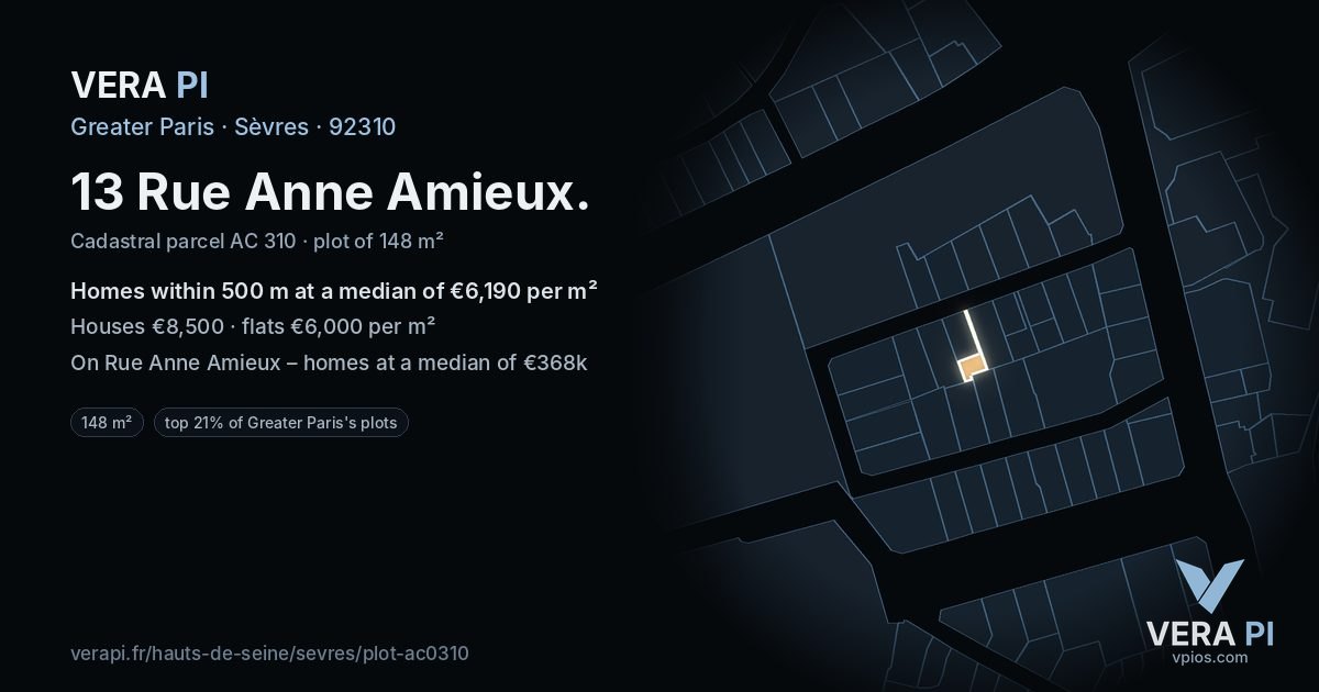 13 Rue Anne Amieux, Sèvres at night – the plot lit, the parcels around coloured by the prices near them