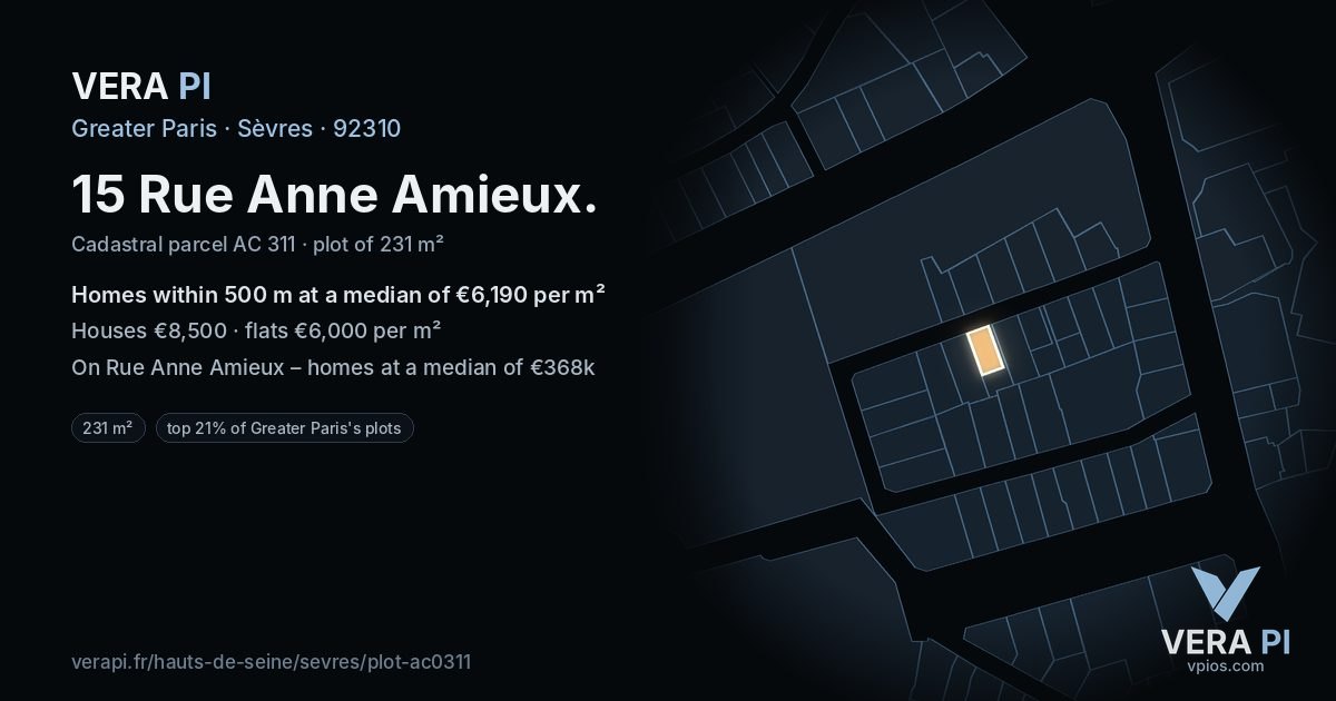 15 Rue Anne Amieux, Sèvres at night – the plot lit, the parcels around coloured by the prices near them