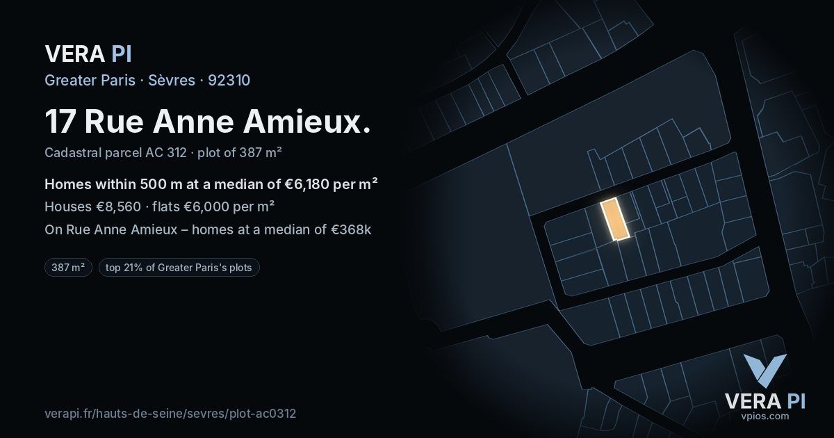 17 Rue Anne Amieux, Sèvres at night – the plot lit, the parcels around coloured by the prices near them