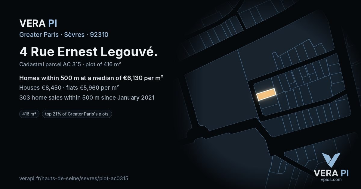 4 Rue Ernest Legouvé, Sèvres at night – the plot lit, the parcels around coloured by the prices near them