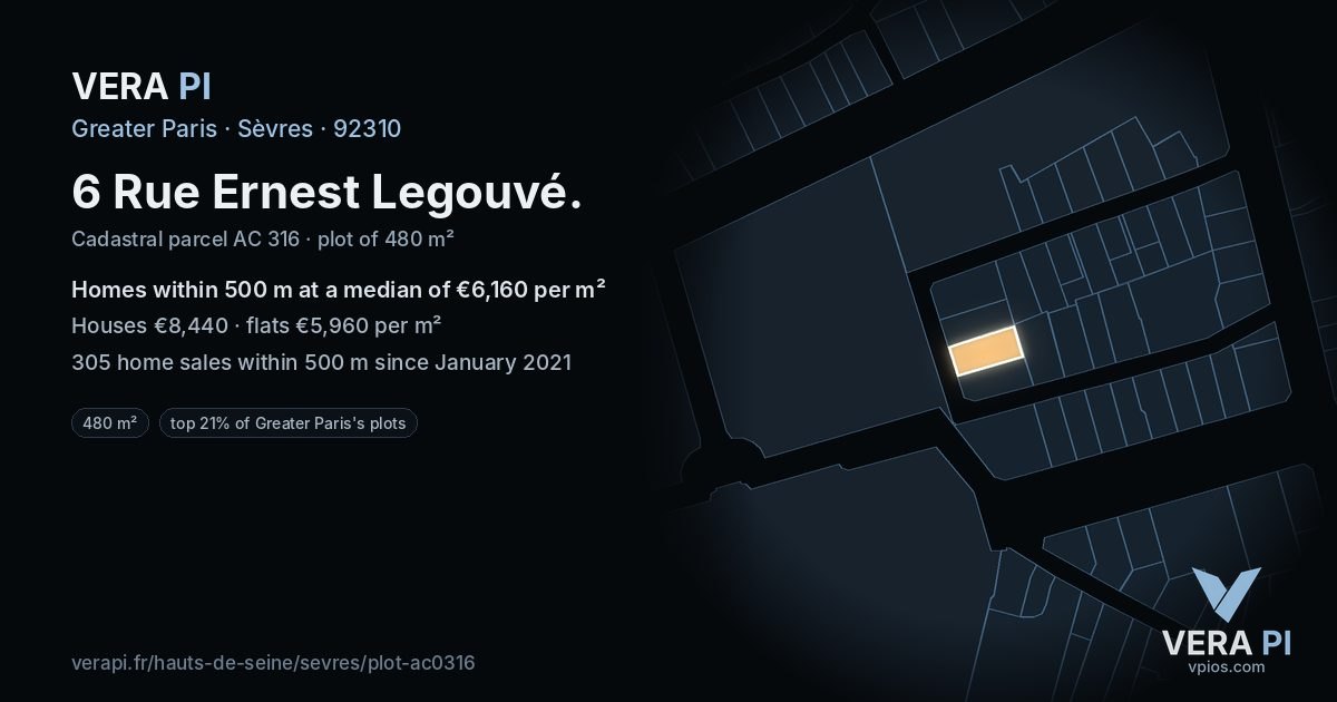 6 Rue Ernest Legouvé, Sèvres at night – the plot lit, the parcels around coloured by the prices near them
