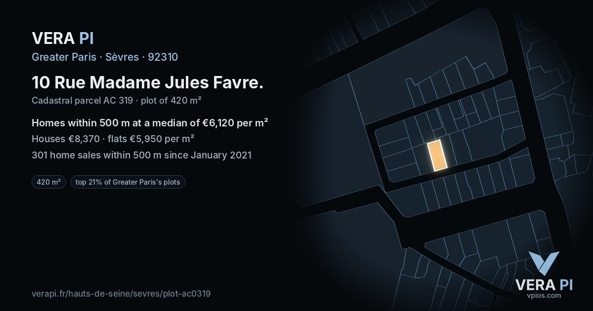 10 Rue Madame Jules Favre, Sèvres at night – the plot lit, the parcels around coloured by the prices near them