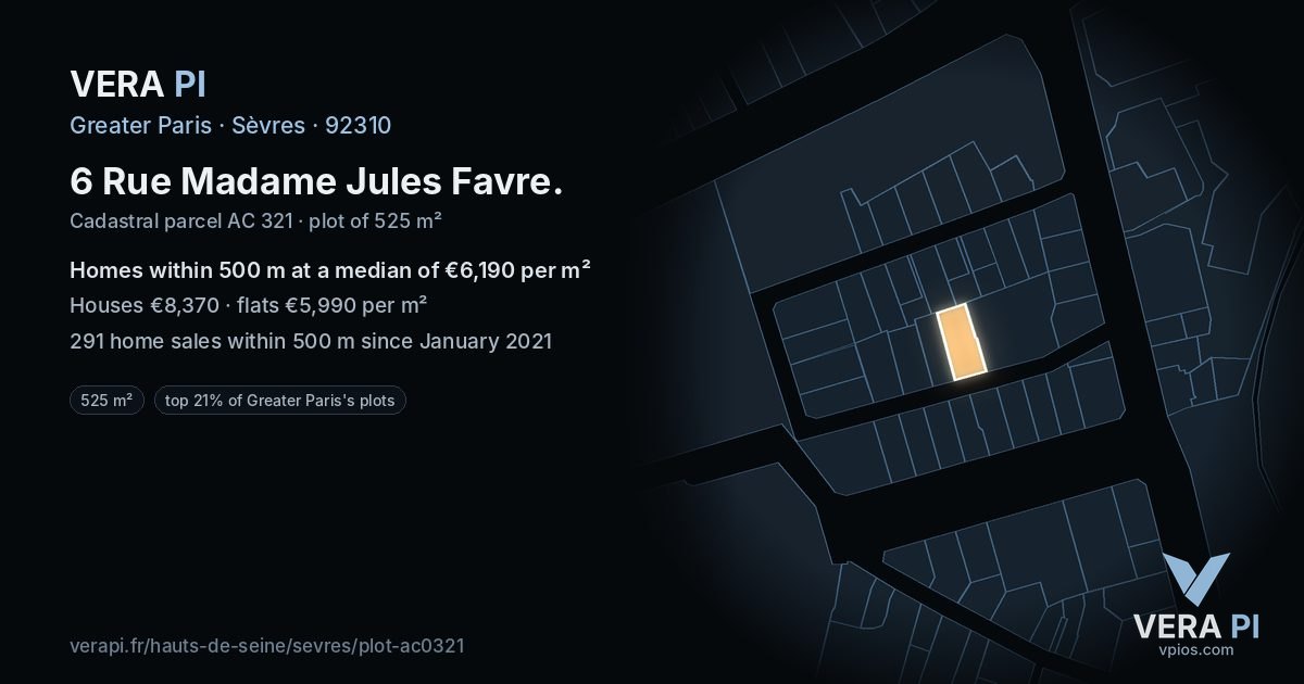 6 Rue Madame Jules Favre, Sèvres at night – the plot lit, the parcels around coloured by the prices near them