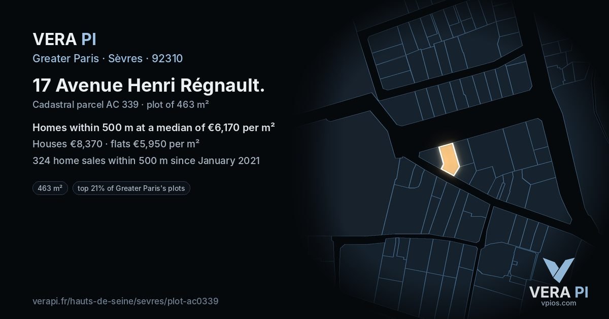 17 Avenue Henri Régnault, Sèvres at night – the plot lit, the parcels around coloured by the prices near them